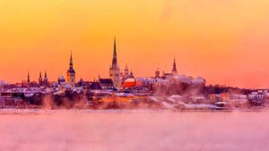 City winter view at the Baltic Sea.